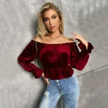 Womens Long Sleeve T Shirt Off Shoulder Neckline Ruffle Detail French Style Velvet Fabric Spring