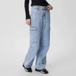 Womens Casual High Waisted Denim Trousers Slim Fit Large Pockets European and American Style Per