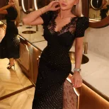 Elegant Lace Trimmed Maxi Dress V Neck Puff Sleeves Slim Fit Rhinestone Detail Perfect for Forma