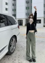 工装阔腿牛仔裤女2023春秋新款高腰大码胖MM宽松显瘦百搭直长裤