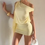 Asymmetrical Shoulder Dress Ruffled Bodycon Fit Summer Casual Wear Available in Yellow Wholesale Sizes S to XL