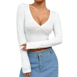 V Neck Long Sleeve Crop Top Solid Color Stylish Design Sexy Fit Spring Summer Womens Fashion Who