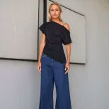 Off Shoulder Slim Fit T Shirt Short Sleeve Asymmetrical Neckline Spring Summer Style Wholesale A