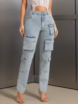 Womens Cargo Denim Trousers Multi Pocket Design Casual Style Comfortable Fit Perfect for Everyda