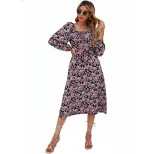 Vintage Floral Puff Sleeve Backless Dress Square Neck Autumn Collection Elegant Style Wholesale