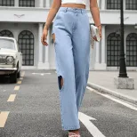 High Waisted Wide Leg Jeans Vintage Style Distressed Design Loose Fit Casual Wear for Women Whol