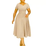 Summer A Line Dress Solid Color V Neck Short Sleeve Flowy Design Casual Wear for Women Wholesale