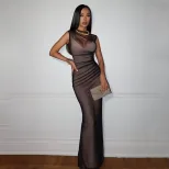 Sheer Mesh Sleeveless Maxi Dress Slim Fit Elegant Style Perfect for Parties or Evening Events Wh