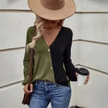 Womens Color Block Long Sleeve T Shirt Loose Fit Pocket Design Casual Style Perfect for Everyday