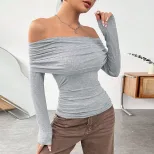 Womens Knit Long Sleeve Top Off Shoulder Slim Fit Fashionable Design Autumn Winter Style Wholesa