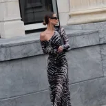 Zebra Print Off Shoulder Long Sleeve Dress Vintage Style Slim Fit Fashionable Design Autumn Coll