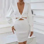 Elegant Womens V Neck Lace Bodycon Dress Long Sleeve French Style Sexy Design Perfect for Partie