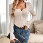 Elegant Womens Fitted Knit T Shirt Pleated Design Spring Summer Style Perfect for Casual or Dres