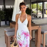 Elegant V Neck Backless Floral Maxi Dress Summer Beach Vacation Style Slim Fit Lightweight Fabri