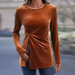 Long Sleeve Velvet T Shirt Irregular Split Hem Elegant Sexy Autumn Winter Womens Fashion Wholesa