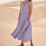 Summer Womens Cotton Linen Dress Sleeveless Round Neck Pocket Design Casual Wear for Everyday Us