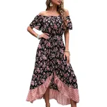 Vintage Floral Print Off Shoulder Dress Summer Style European and American Design Perfect for Ca