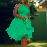 Plus Size Womens Dress Summer Collection Asymmetrical Shoulder Pleated Design Solid Color Elegan
