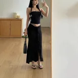 French Style Ruffled Hem Midi Skirt Low Waist Pleated Design Elegant Fit Perfect for Autumn Fash