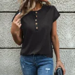 Casual Short Sleeve T Shirt for Women Round Neck Button Front Solid Color Versatile Everyday Wea