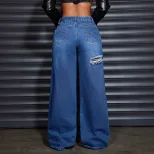 Womens Wide Leg Distressed Denim Pants Fashionable Casual Comfortable Fit Perfect for Everyday W
