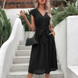 Elegant Black V Neck Dress Minimalist Style Versatile Fit Summer Fashion Wholesale Available
