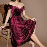 Burgundy Velvet Off Shoulder Maxi Dress Elegant Flare Skirt Evening Gown Perfect for Parties Who