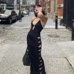 Halter Neck Bodycon Dress Hollow Out Low Cut Slim Fit Elegant Style Perfect for Parties and Nigh