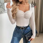Elegant Womens Fitted Knit T Shirt Pleated Design Spring Summer Style Perfect for Casual or Dres
