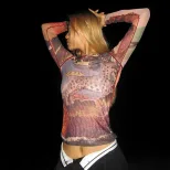 Fashionable Womens Long Sleeve T Shirt Black Mesh Floral Print Round Neck Spring Summer Style Wh