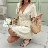 V Neck Short Dress Solid Color Jacquard Fabric Waist Defined Casual Wear for Young Women OEM Ava