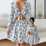 Elegant French Style Square Neck Dress High Waist Backless Floral Print Spring Summer Casual Wea