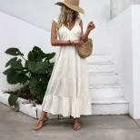 Sleeveless V Neck White Dress Simple Design Beach Vacation Style Lightweight Fabric Wholesale Av