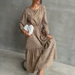 Leopard Print Long Sleeve Maxi Dress Round Neck Fashionable Autumn Winter Wholesale Available