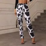 High Waisted Cow Print Denim Pants Unique Design Trendy Style Comfortable Fit Casual Wear Ready
