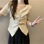 Plus Size Womens V Neck Ruched Slim Fit Short Sleeve T Shirt Unique Design Casual Wear