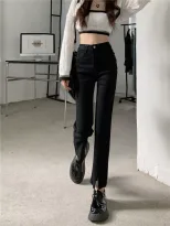 跨境牛仔裤女2023春季新款韩版学生百搭显瘦开叉小个子九分烟管裤