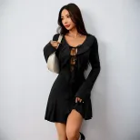 Womens Sexy Tie Front Semi Open Cardigan Dress Ruffled Hem Slim Fit Short Length Spring Summer F