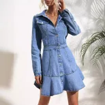 Vintage Inspired Long Sleeve Denim Dress Slim Fit Waist Cinching Design Casual Style Ready to Sh