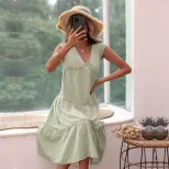 Sleeveless V Neck Cotton Linen Dress Solid Color Summer Style Casual Wear Wholesale Available