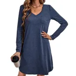 Loose Fit Solid Color Long Sleeve Dress V Neck Casual Style Spring Summer Fashion Wholesale Avai