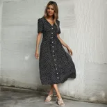 Womens Summer Dress Short Sleeve V Neck Button Design Polka Dot Pattern Casual Midi Length