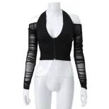 Sexy Deep V Neck Halter Top Sheer Mesh Panel Off Shoulder Long Sleeve Slim Fit Night Out Party W