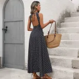French Vintage Sleeveless Backless Dress Polka Dot Design Waist Defining Fit Ideal for Summer Va