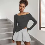 Womens Slim Fit Solid Color Irregular Long Sleeve T Shirt Elegant Versatile Korean Style Perfect