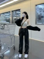 美式高街牛仔裤女2023春季新款分割线直筒宽松阔腿垂感拖地长裤潮