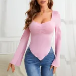 Womens Knit Long Sleeve T Shirt Slim Fit Asymmetrical Hem Heart Shaped Neckline Spring Summer Fa