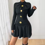 Elegant Sweetheart Bow Tie Buttoned High Neck Long Sleeve Dress Autumn Fashion Wholesale Availab