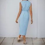 Sleeveless A Line Summer Dress Fresh Solid Color Lapel Collar Side Slit Casual Wear Wholesale Av