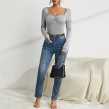 Womens Slim Fit Square Neck T Shirt Minimalist Design Versatile Style Spring Summer Essential Wh